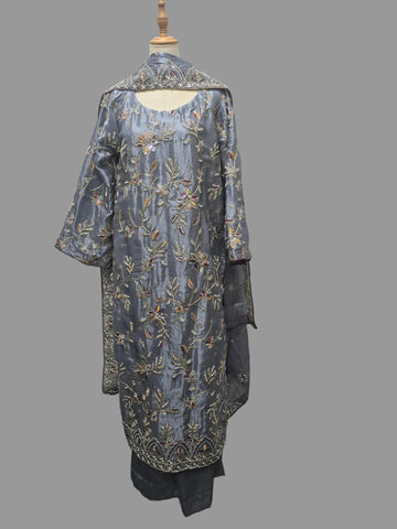 An elegant steel-grey embroidered ensemble