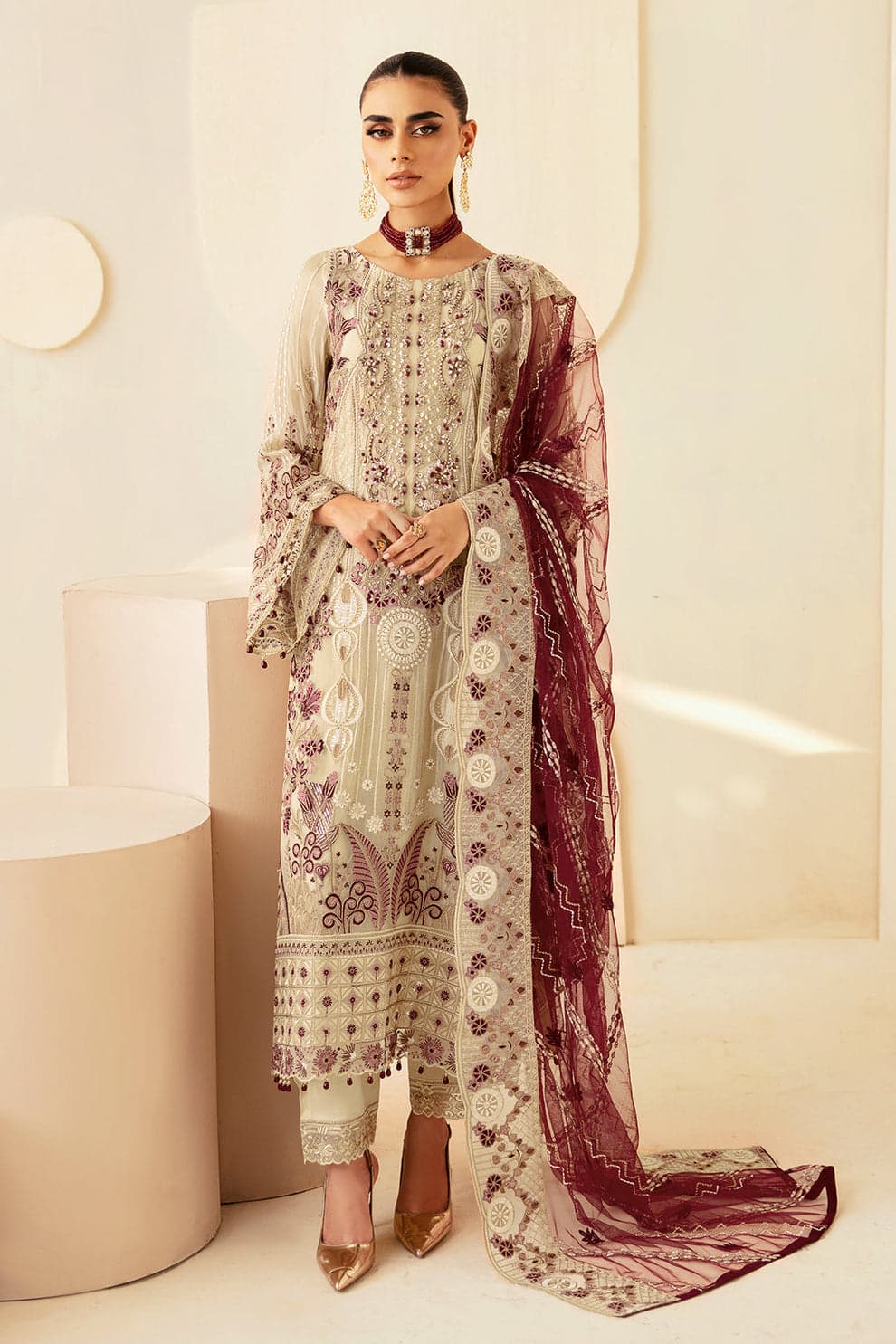 stunning beige ensemble, adorned