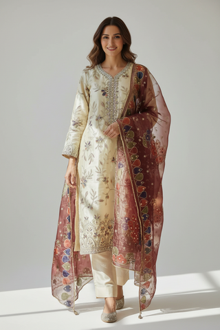 An elegant off white embroidered ensemble