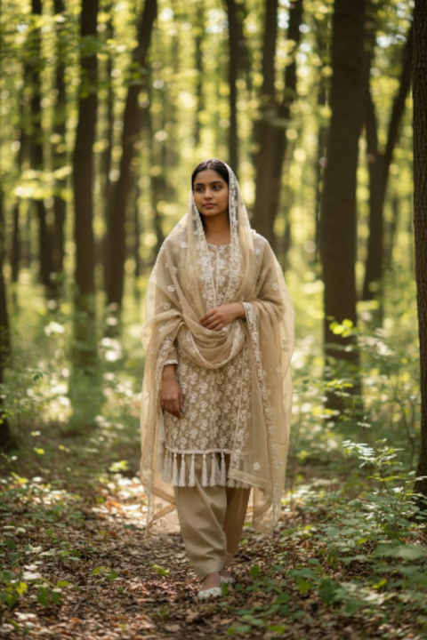 Beige Dress with White Thread Embroidery &amp; Farshi Shalwar