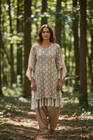 Beige Dress with White Thread Embroidery &amp; Farshi Shalwar