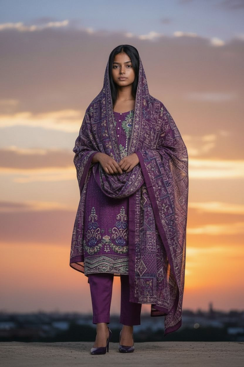 Purple Heavy Thread Embroidery Dress