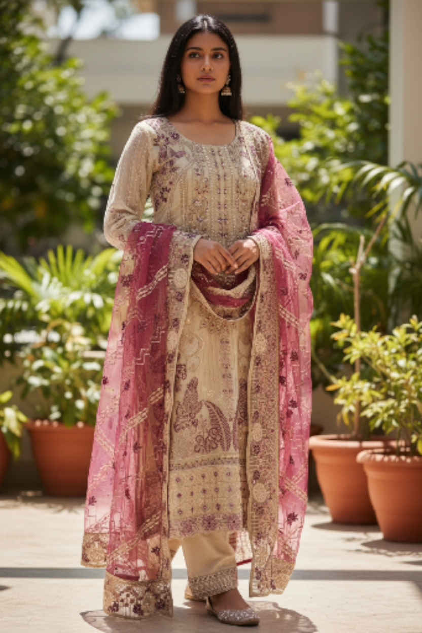 stunning beige ensemble, adorned