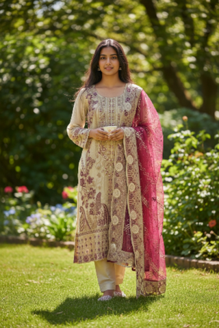 stunning beige ensemble, adorned