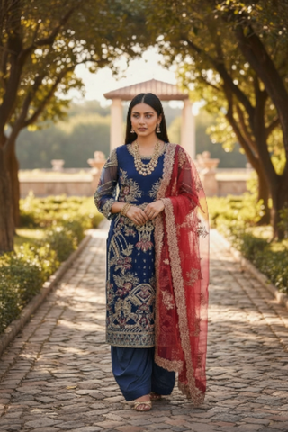 An elegant navy-blue ensemble designed