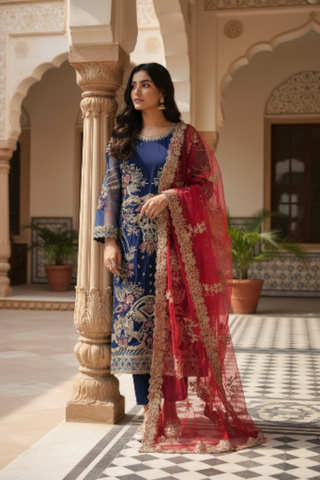 An elegant navy-blue ensemble designed