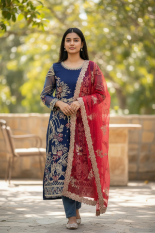 An elegant navy-blue ensemble designed