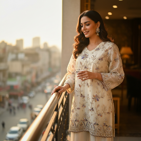 An elegant off white embroidered ensemble