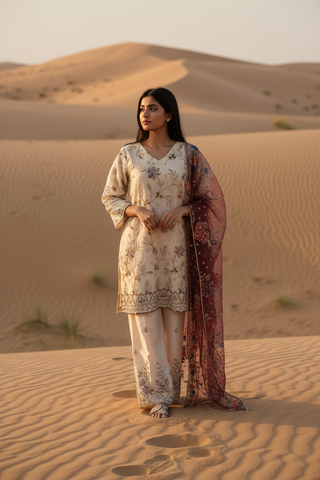 An elegant off white embroidered ensemble