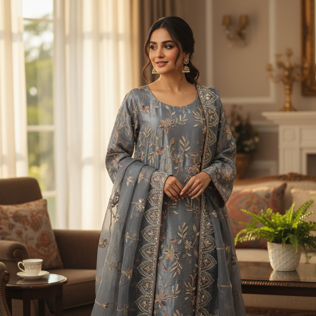 An elegant steel-grey embroidered ensemble