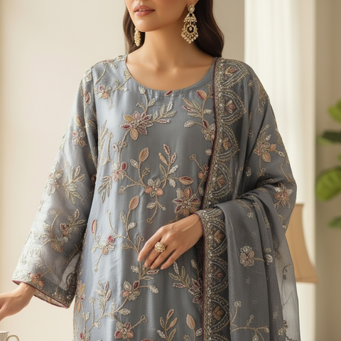 An elegant steel-grey embroidered ensemble