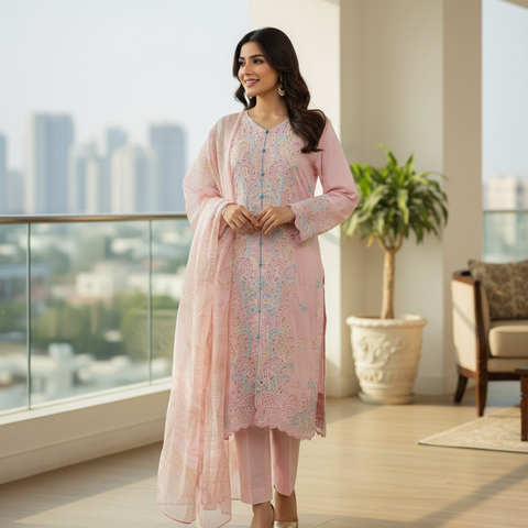 – Elegant Embroidered Pink 3 pice Suit