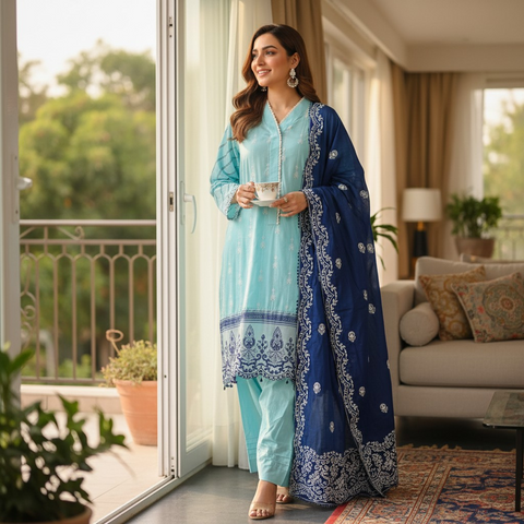 ICE BLUE 3PICES  SUIT WITH EMBORIDERY